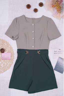 Round Neck Pearl Button Details Two Toned Playsuit (Khaki + Dark Green)
